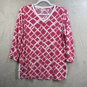 Susan Graver Liquid‎ Knit V-neck 3/4 Sleeve Top Sz M Pink White Geometric Print